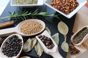 spices and herbs, spice, herb, pepper, garlic, mustard, clove, allspice, nutmeg, anise, anise star seed, chili, dried chilis, bay leaf, cinnamon, 