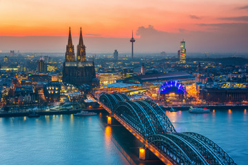 Aerial view on Cologne at night - obrazy, fototapety, plakaty
