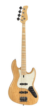 Wooden Electric Bass Guitar Isolated on White Background