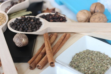 spices and herbs, spice, herb, pepper, garlic, mustard, clove, allspice, nutmeg, anise, anise star seed, chili, dried chilis, bay leaf, cinnamon, 