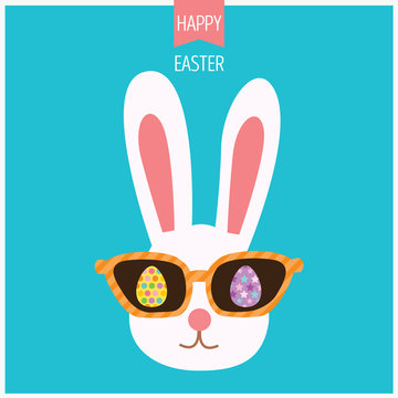 Illustration vector of bunny easter with sunglasses and colored eggs on blue background