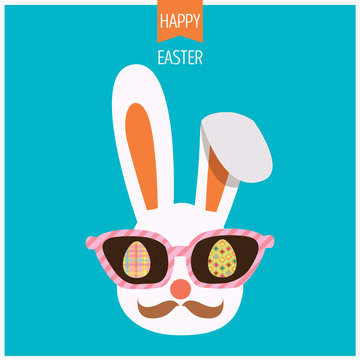 Illustration vector of bunny easter with sunglasses and colored eggs on blue background