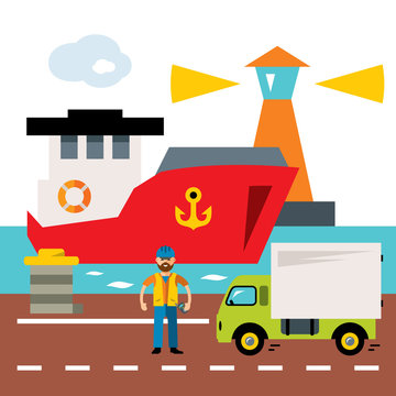 Vector Sea port. Cargo and shipping. Flat style colorful Cartoon illustration.