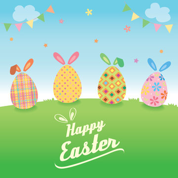 Illustration vector of Happy Easter with eggs painted and nature background.