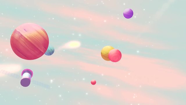Looped cartoon outer space exploration animation. Wooden texture toy planets and one satellite. Spaceship traveling at the speed of light. Sci-fi and futurism concept. Beautiful star field background.