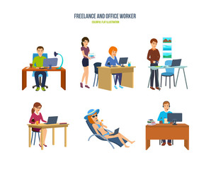 Freelancers and office workers in various situations and environments.