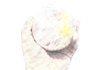 abstract hand holding apple on watercolor background.