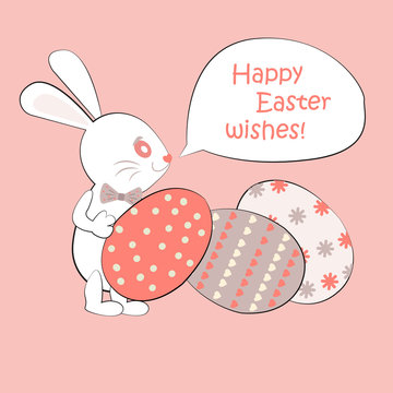 Happy Easter greeting card, poster, with cute, sweet bunny and eggs
