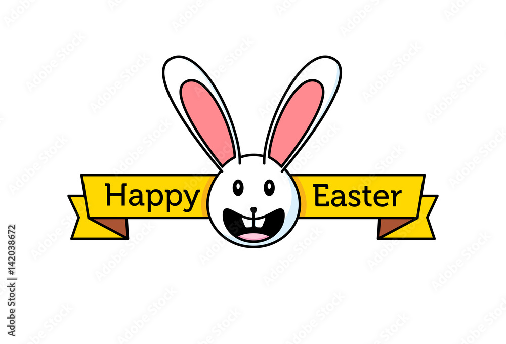 Poster happy easter greetings vector design with rabbit, spring elements and text. isolated on white