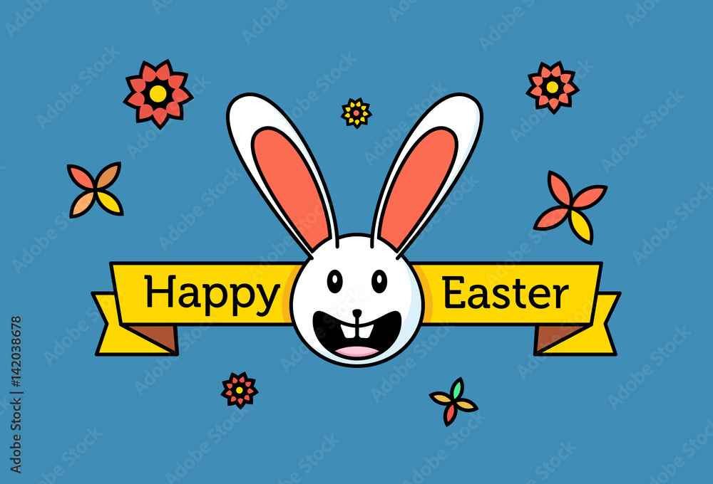 Poster happy easter greetings vector design with rabbit, spring elements and text.