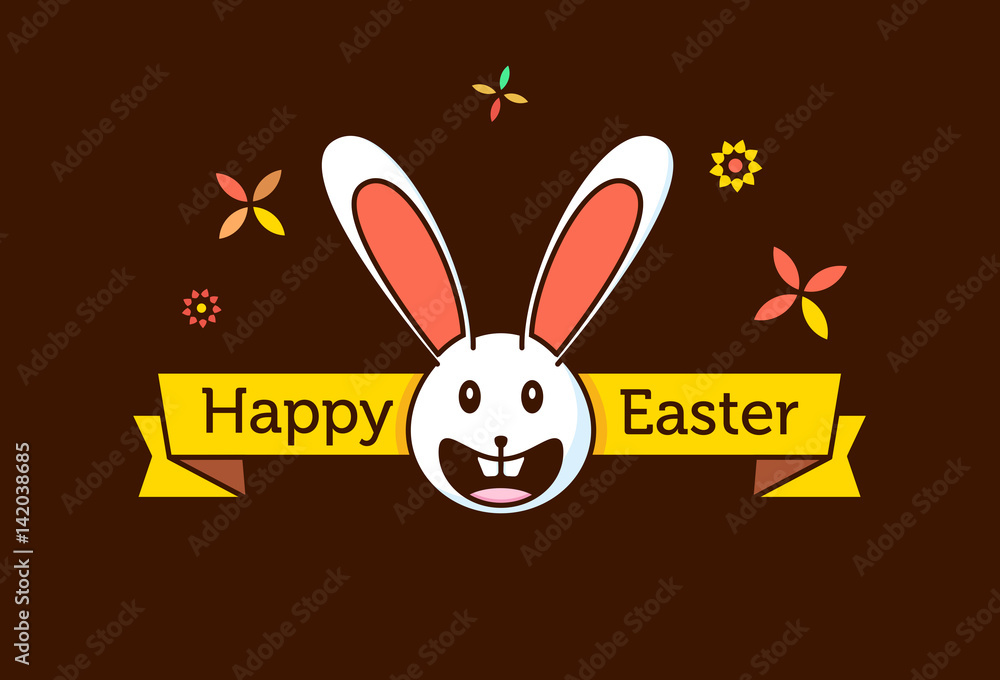 Poster Happy easter greetings vector design with rabbit, spring elements and text.