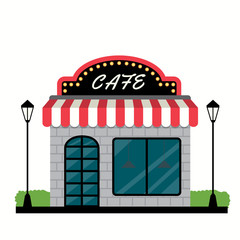 Exterior cafe shop design with alternate the colors of red-white awning on brick gray wall