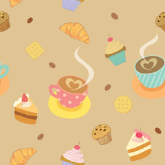 Seamless pattern with illustration of coffee and bakery on brown color background.