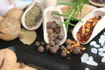 spices and herbs, spice, herb, pepper, garlic, mustard, clove, allspice, nutmeg, anise, anise star seed, chili, dried chilis, bay leaf, cinnamon, 
