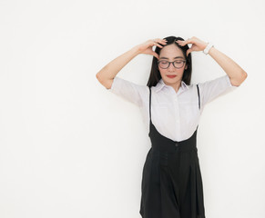 Asian women stress anxiety On a white background 