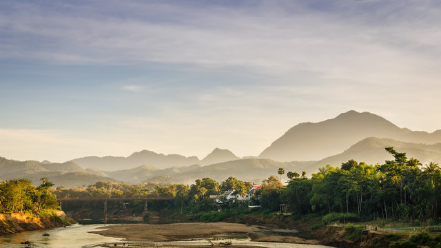 view on the top of Phusi mountain and blue sky at Luang Prabang, Laos