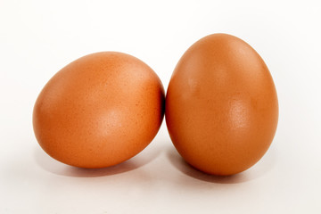 two brown chicken eggs on white background