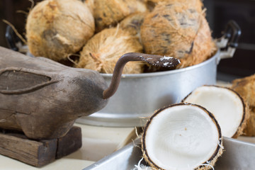 Coconut grater and coconut texture in tray on floor kitchen