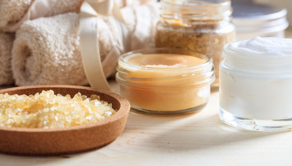 Variety of creams and bath salt - spa concept