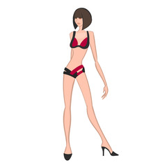 Young beautiful girl posing with hand on hip. Vector illustration