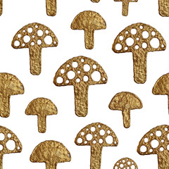 Abstract mushrooms pattern. Gold hand pained seamless background.