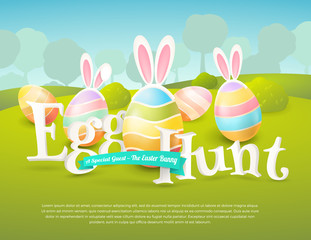 Vector cute poster for Easter Egg Hunt with colored eggs and ears of a bunny. Cartoon spring scene with place for text. Holiday background for flyers and banners design.