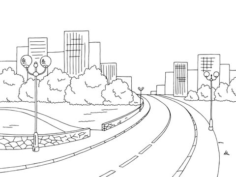 Street road graphic black white landscape sketch illustration vector