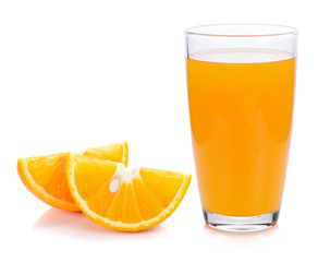 Orange juice and slices of orange isolated on white