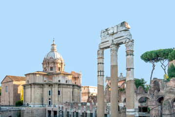 Fototapeta na wymiar Temple of Venus Genetrix, Santi Luca e Martina Church, and Curia Julia in the Roman Forum