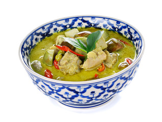Green chicken Curry , Thai cuisine isolated on white
