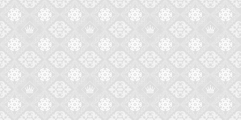 Seamless damask wallpaper. Old-fashioned. Grey and white color.  Design wallpaper, decoration pattern repeating, pattern for graphic design.
