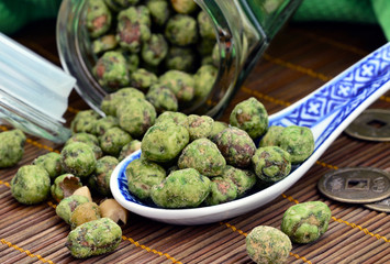 Wasabi Coated Peanuts on Spoon, Asian Food, Foodstyling, Macro