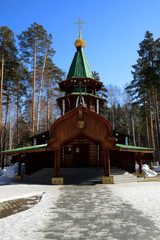 Wooden Russian Orthodox Christian Church of Holy Royal Martyrs in Ganina Yama Monastery on early...