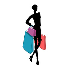 Silhouette of woman with different colored shopping bags. Vector illustration
