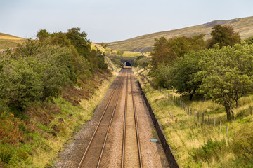 Railway line in the Yorkshire Dales near Blea Moor and Ribblehead, North Yorkshire, UK