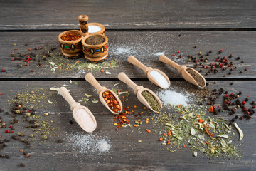 Various of spices and in wooden spoons. Flat lay of spices ingredients chilli, salt, himalayan salt, savory and black pepper on grey wooden board.