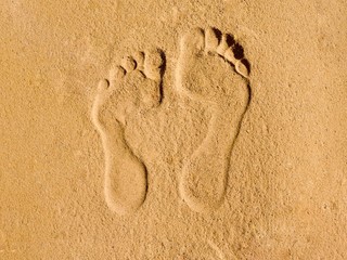 On yellow sand printed two tracks of bare feet, one larger the other smaller shadows accentuate the...