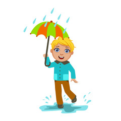 Boy Under Raindrops With Umbrella , Kid In Autumn Clothes In Fall Season Enjoyingn Rain And Rainy Weather, Splashes And Puddles