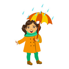 Girl In Yellow Coat And Scarf, Kid In Autumn Clothes In Fall Season Enjoyingn Rain And Rainy Weather, Splashes And Puddles