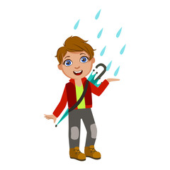 Boy In Red Jacket Catching Raindrops, Kid In Autumn Clothes In Fall Season Enjoyingn Rain And Rainy Weather, Splashes And Puddles