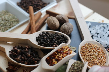 spices and herbs, spice, herb, pepper, garlic, mustard, clove, allspice, nutmeg, anise, anise star seed, chili, dried chilis, bay leaf, cinnamon, 