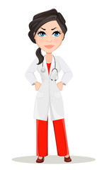 Fototapeta premium Doctor woman with stethoscope. Cute cartoon doctor character in medical gown showing anger, dissatisfied. Vector illustration. EPS10