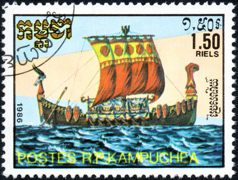 UKRAINE - CIRCA 2017: A postage stamp 1.50R printed in Cambodia shows old sailing ship Viking, series Medieval Ships, circa 1986