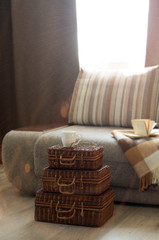 A Cup of hot tea with a book, glasses, a blanket on the couch