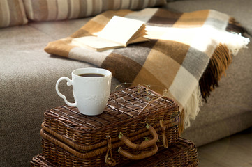 A Cup of hot tea with a book, glasses, a blanket on the couch