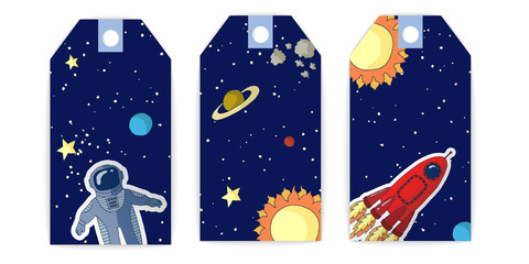 Vector illustration of a greeting card tag, an astronaut, a red rocket, a yellow star, a planet, a sun on a dark blue background