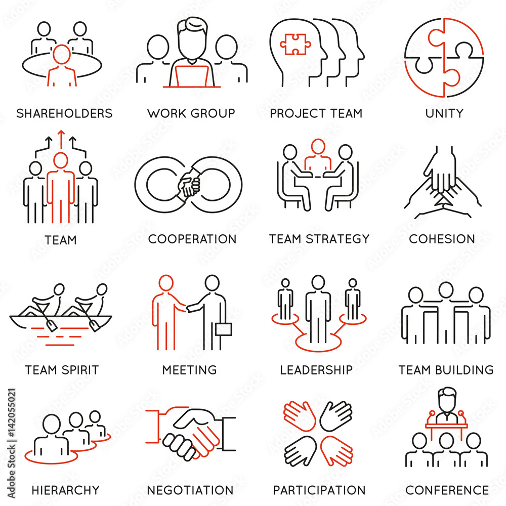 Poster vector set of linear icons related to business process, team work and human resource management. mon