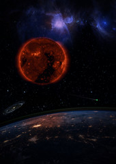 Dying Sun over the dark planet Earth. A galaxy is spinning in the distance and a comet is running in the space. Elements of this image furnished by NASA