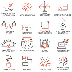 Vector set of 16 icons related to business ethics, management, strategy and development. Mono line pictograms and infographics design elements - part 1