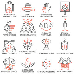 Vector set of 16 icons related to business ethics, management, strategy and development. Mono line pictograms and infographics design elements - part 2